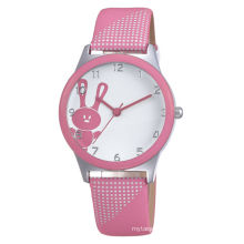 2015 hot sell in aliexpress cheaper pink color leather band cartoon rabbit design kids watch